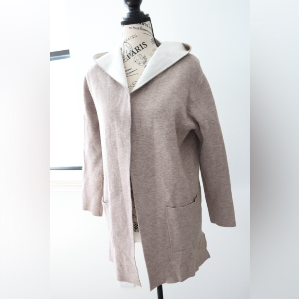 Zara Womens Open Front Cardigan Sweater Size 13 - 14 Beige Pockets Hood Soft